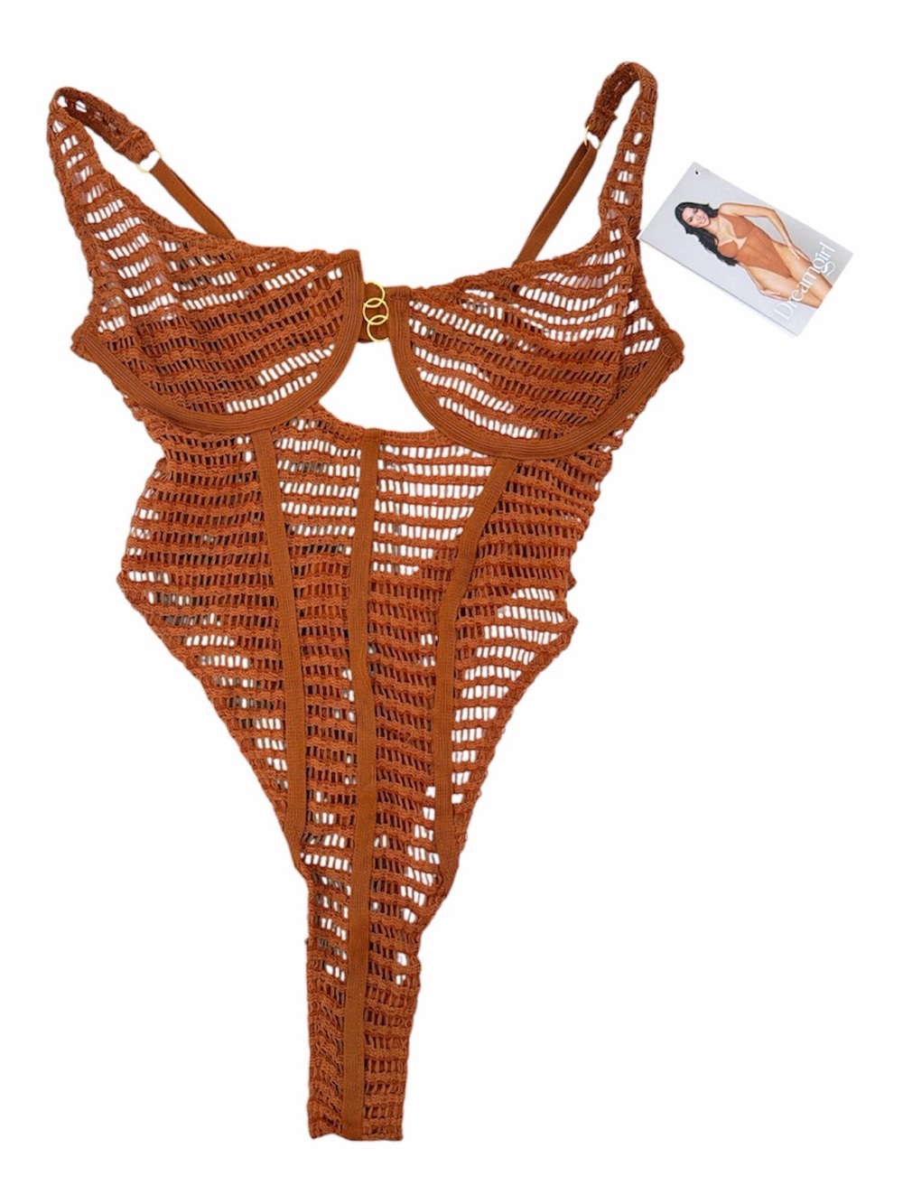 NWT Dreamgirl Crochet One-Piece Bodysuit - Copper/ Rust Brown